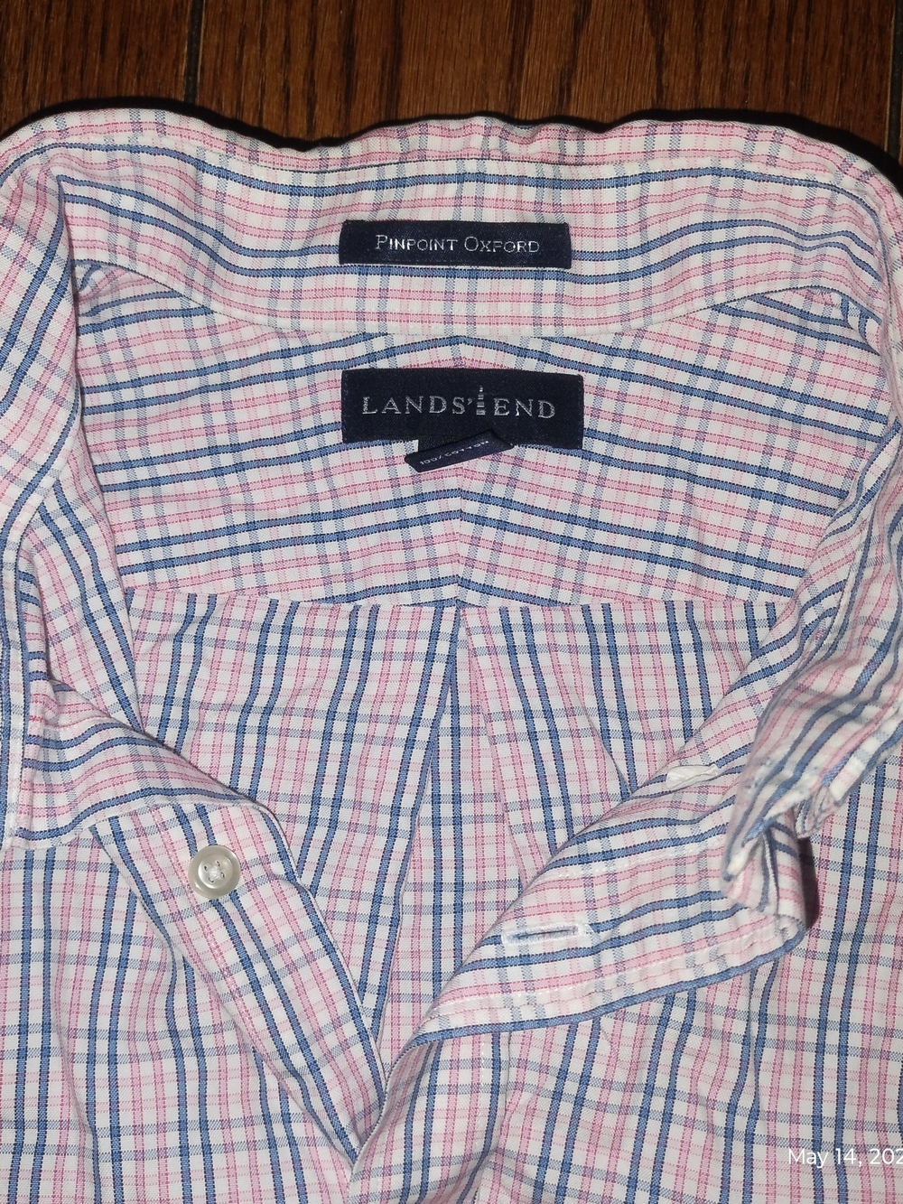 Lands' End Men's Pink and Blue Plaid Pinpoint Oxford Shirt
